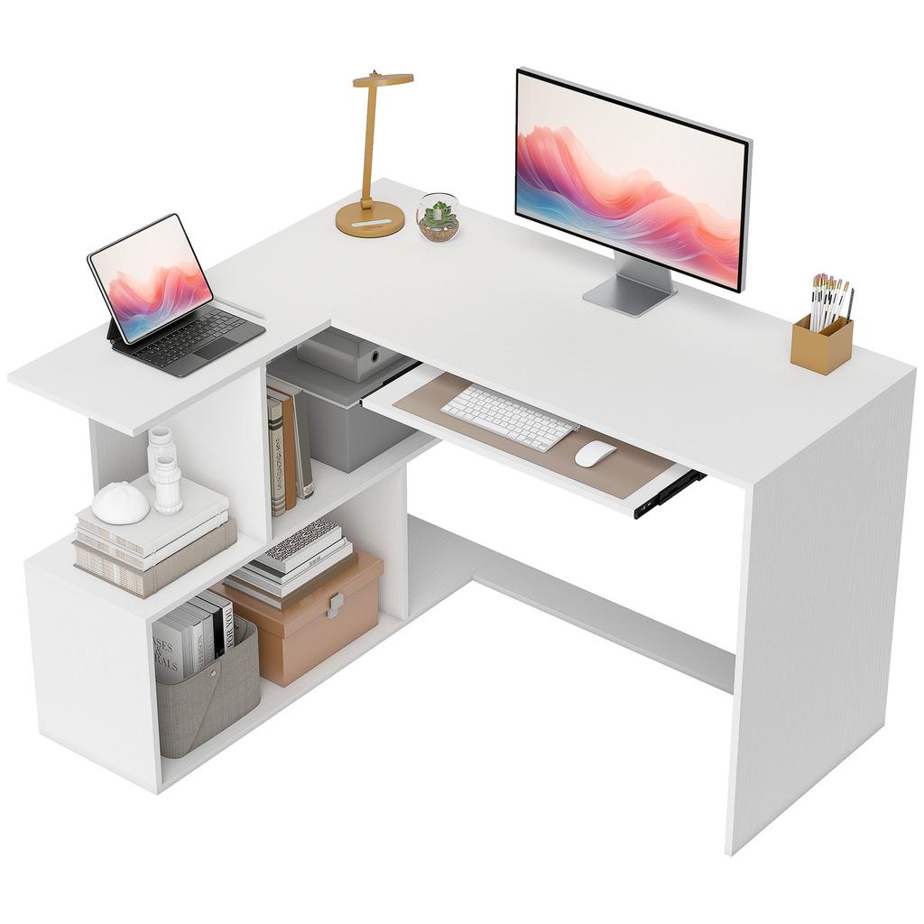 L Shaped Corner Desk Computer Desk With Keyboard Tray And Open Shelves White Wood Effect
