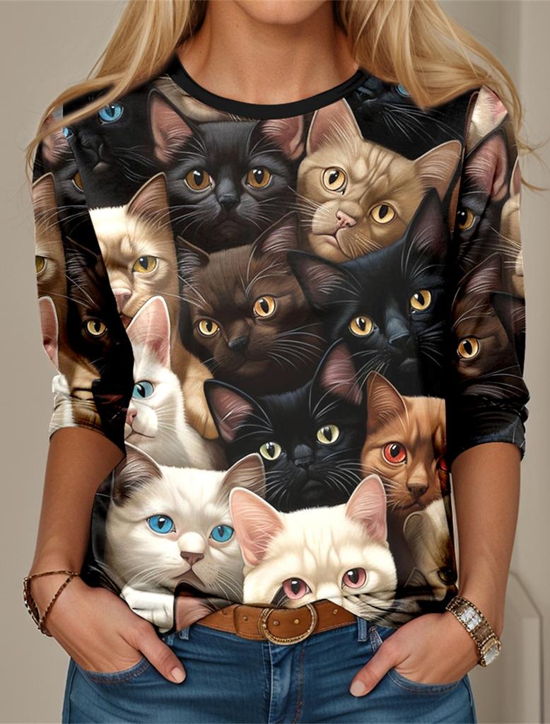 Fashion Design Women's T Shirts 3D Print Kawaii Cat Graphics Long Sleeve Crew Neck Regular Fit Spring/Fall Thin Style Sportwears