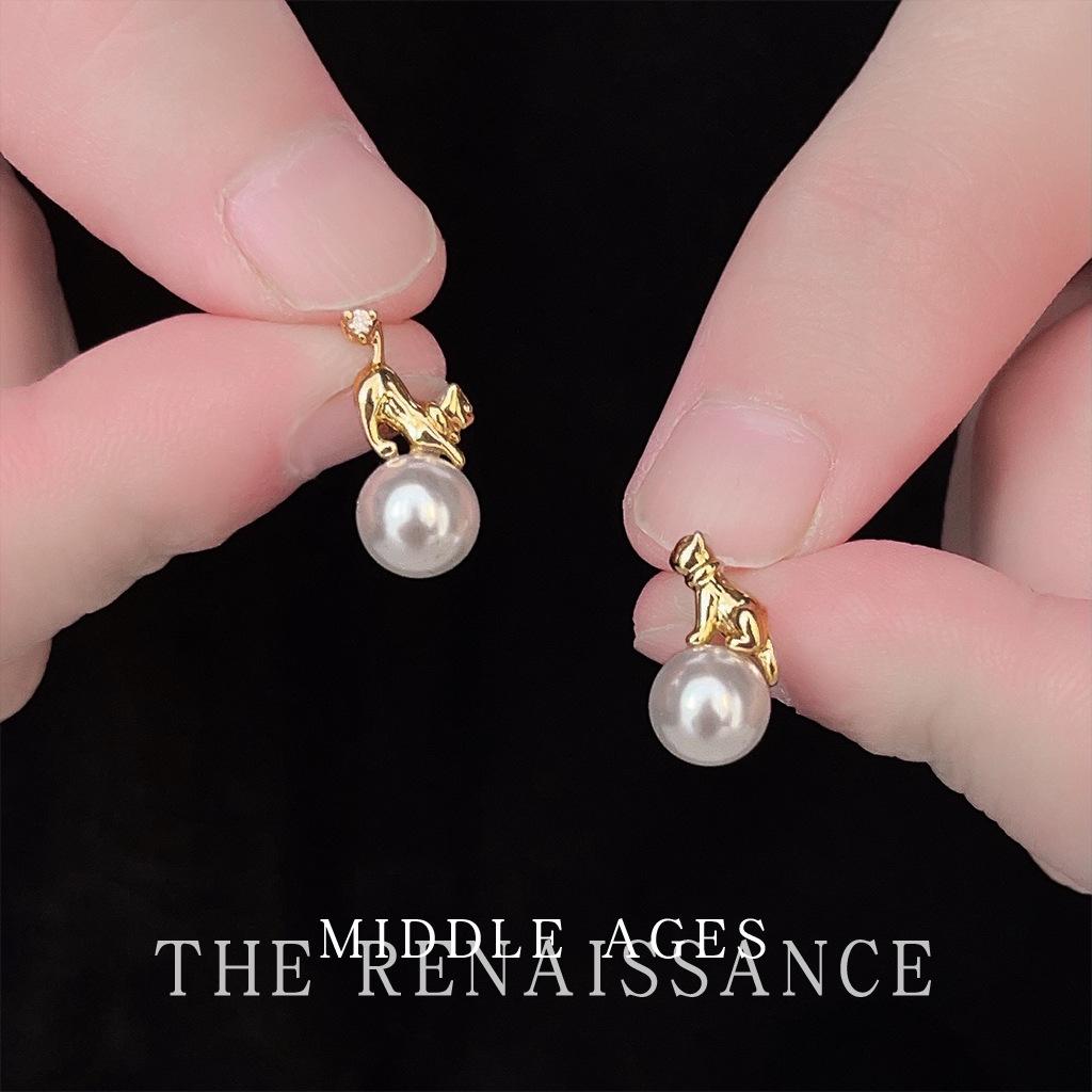 Легкие средневековые египетские серьги-гвоздики с цирконом в виде кошки ретро литературные серьги с жемчугом из стекла серьги