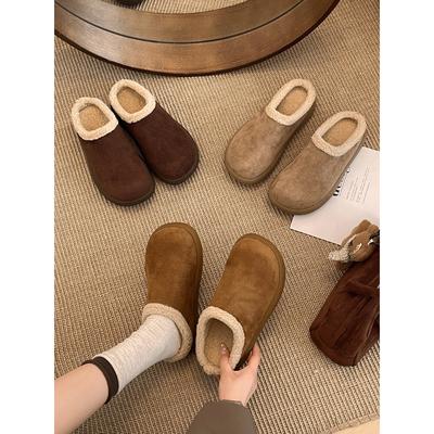 Maillard Brown Thick-soled Velvet Half-drag Birkenstocks Autumn and Winter Warm Bald Cotton Slippers