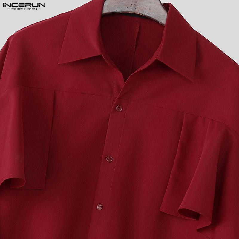 INCERUN Men Lapel Neck Long Sleeve Ruffled Shirts Casual Loose Oversized Tops