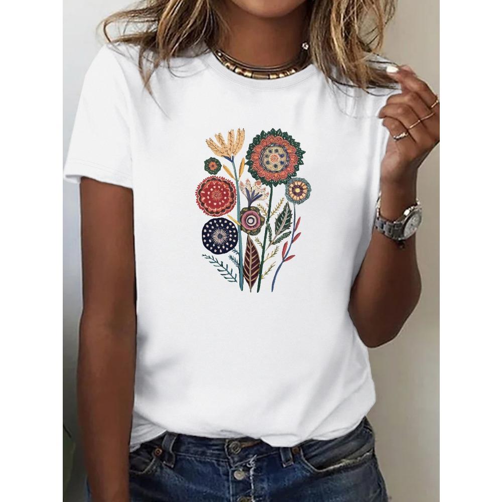

Colorful Geometric Flower Pattern Printed Casual Round Neck Short Sleeved Top for Summer Casual Women s Comfortable Clothing S