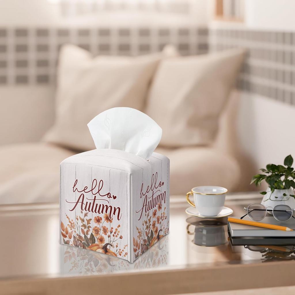 Floral Tissue Box Holder, Fall Florals Leather Tissue Box Cover Square, Autumn Facial Paper Organizer Dispenser Toilet Paper Holder for Bathroom