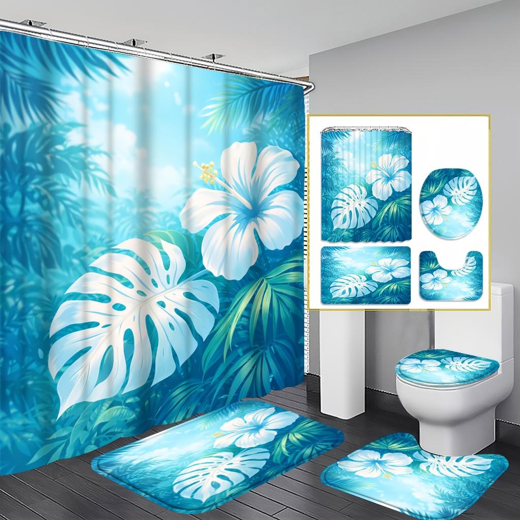4Pcs Tropical Hibiscus Shower Curtain Set with Non-Slip Bath Mat, Toilet Lid Cover, Contour Rug & 12 Hooks, Bathroom Decor
