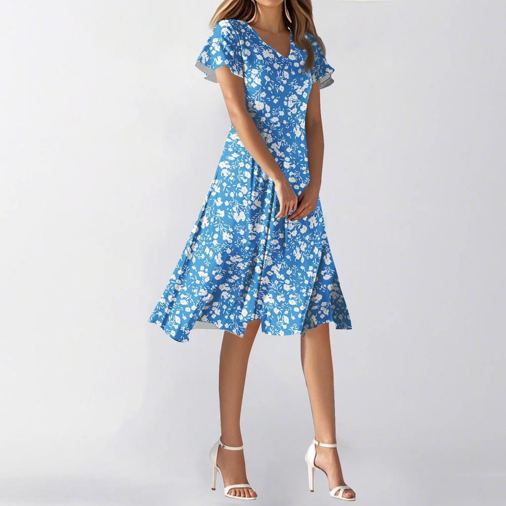 Kvinners Sommer Casual Mote Blomsterprint Kjole V-hals Kortermet Kort Skjørt