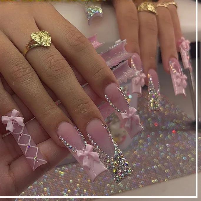 24Pcs Green French Fake Nails With Diamond Gold Butterfly Elegant Long Square Acrylic Artificial Press On Nails