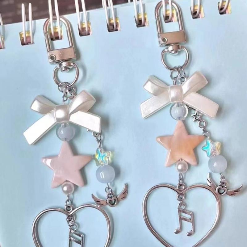 Delicate Beaded Phone Pendant Star Heart Charm Keychain with Bowknot Decoration for Bag Purse Backpack Women Girls Gift