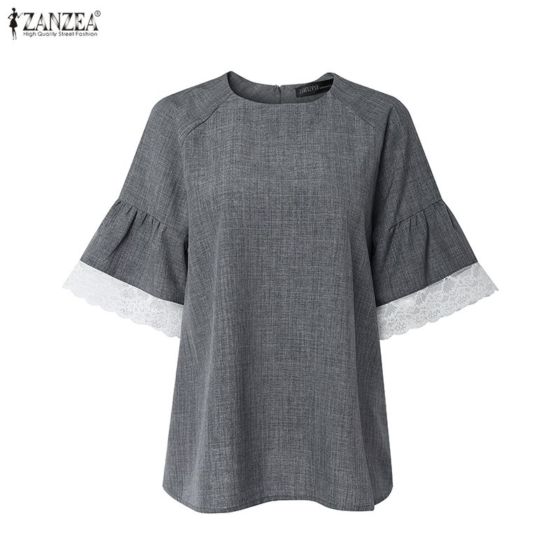 ZANZEA Blusa Feminina Casual de Renda com Gola Redonda e Meia Manga