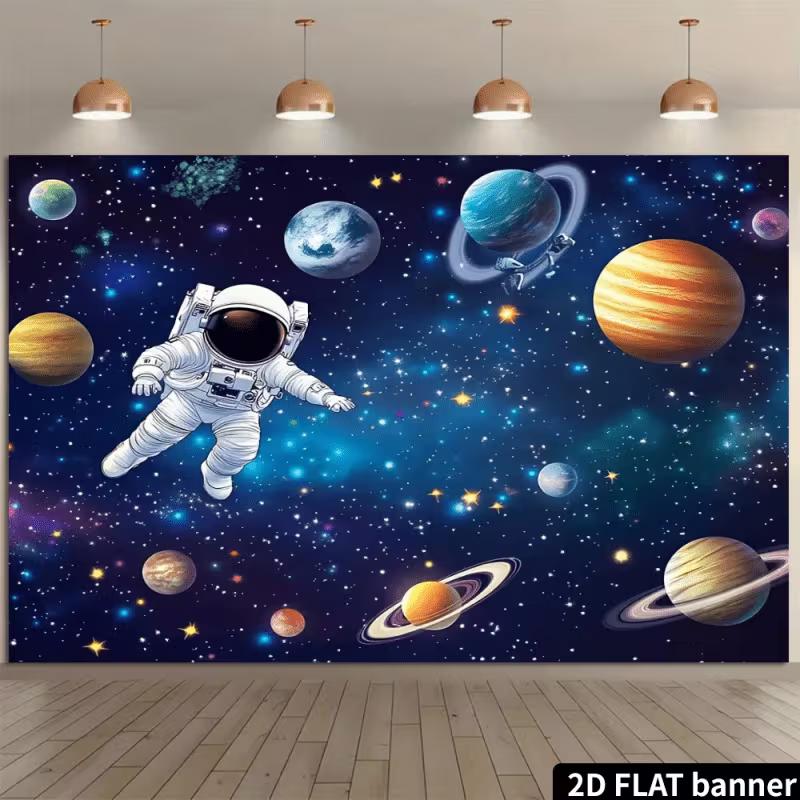 2D Cosmic Space Planets and Astronaut Wall Decor Backdrop