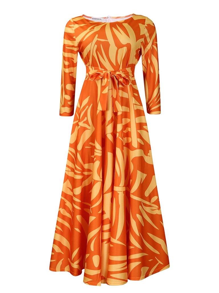 Women's 2024 Spring Lace-up Print African Plus Size Midi Dress