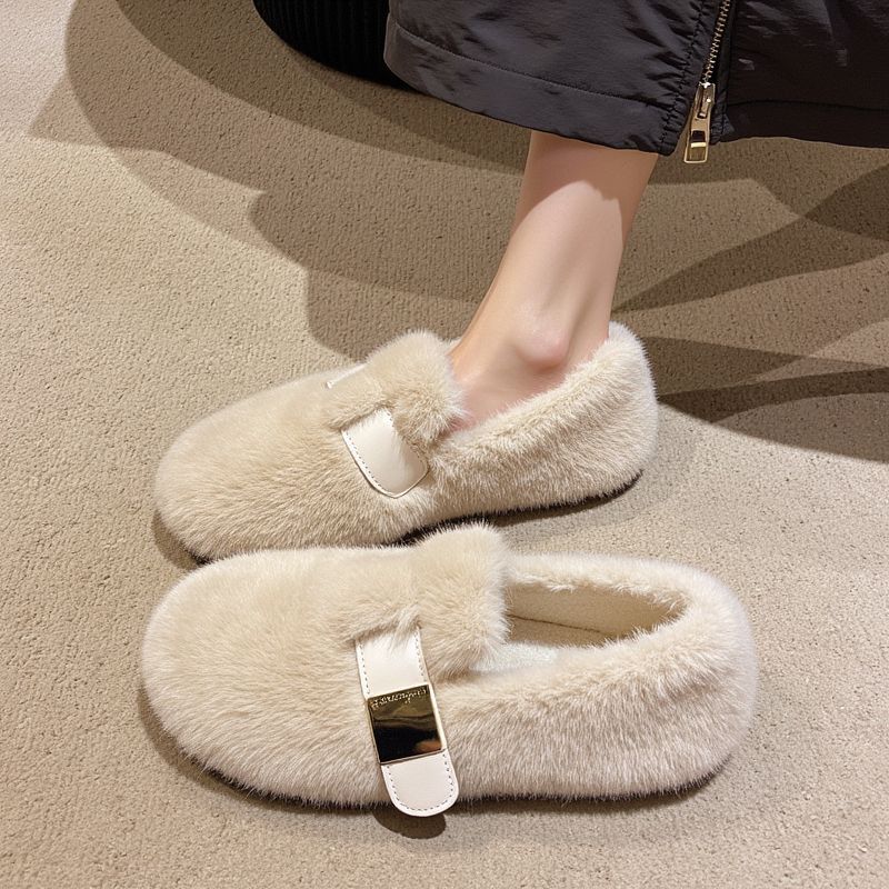 

Новая женская мода Сто Мэри Дженни Пушистые тапочки Подкладка из шерсти Теплые Мягкая подошва Для улицы Зимние Хлопковые туфли 35