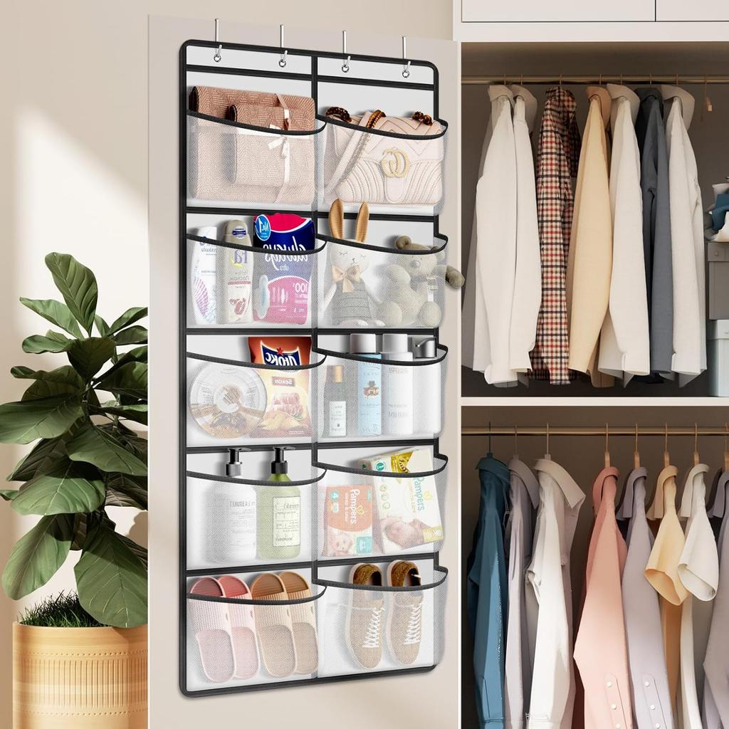 Devesanter Set of 2 Suspended Shelves with 10 Mesh Pockets - Wardrobe Pocket Organizer, Storage Above the Door - Plush Toy Organizer for Bedroom (grey