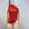 Women's Small Vest Spring and Summer New Sleeveless Slanted Shoulder Pleated PU Leather Women's Top