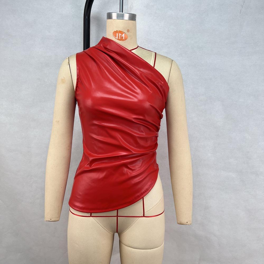 Women's Small Vest Spring and Summer New Sleeveless Slanted Shoulder Pleated PU Leather Women's Top