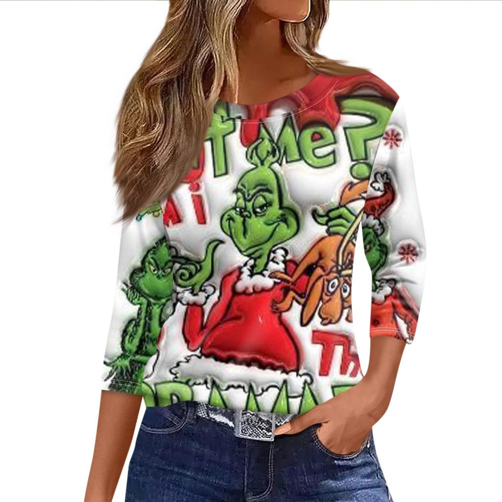 Women's Fashionable Casual Three Quarter Sleeve Christmas Printed Round Neck Top