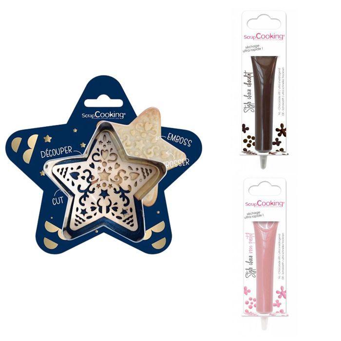 Kit pour biscuit en relief Étoile + 2 Stylos au chocolat marron et rose pastel