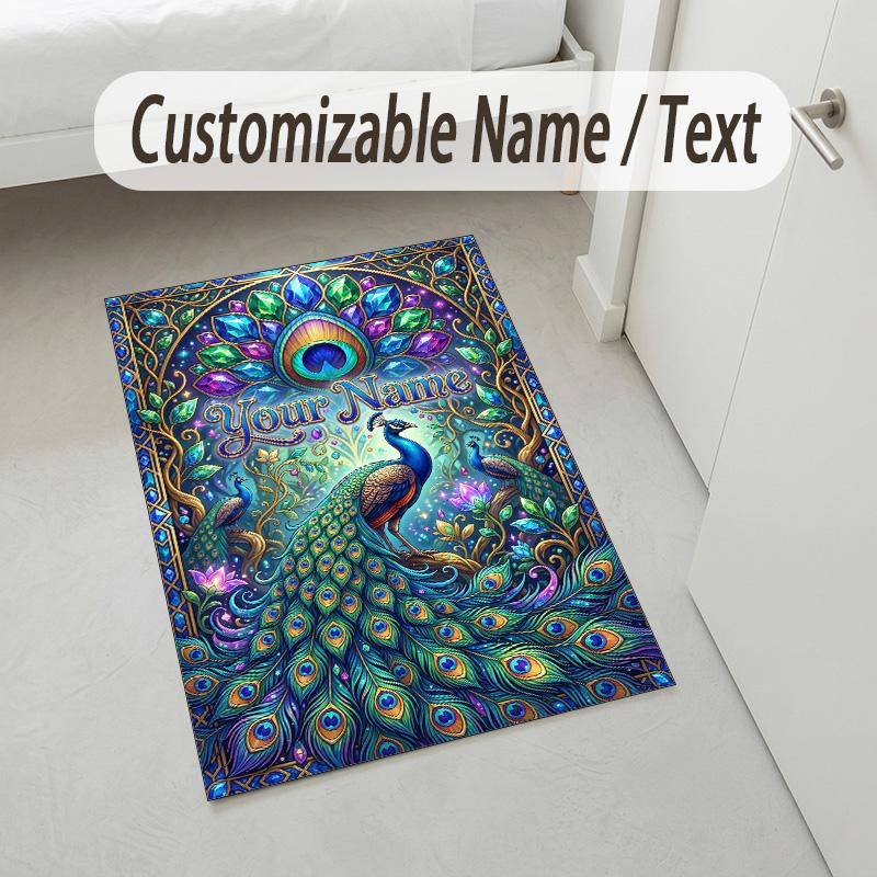 Peacock Theme Soft Crystal Velvet Rug Custom Name & Text Print Non Slip Floor Rug for Bedroom Living Room