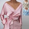 Bluză Satinată de Damă Decolteu în V Off Shoulder Mânecă Lungă Croială Slim Uni cu Șnur de Legat Elegant Top de Birou