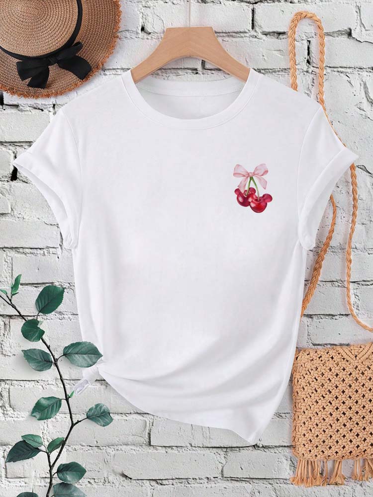 Ovely Style Fashion Summer Women Cherry Bow Print T Shirt Female Casual Top Tshirts Cartoon Graphic Tee T-Shirt