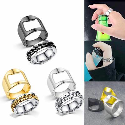 Stylish Titanium Steel Bottle Opener Ring with Rotatable Chain - Perfect for Couples
