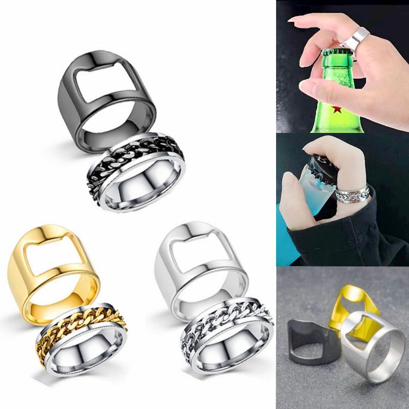 Elegante Anillo Abrebotellas de Acero de Titanio con Cadena Giratoria - Perfecto para Parejas