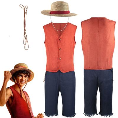 Luffy Cosplay Anime Película Mono D Luffy Disfraz Uniforme Sombrero de Paja Pantalones Top Rojo Conjunto Completo Fiesta de Carnaval de Halloween para Hombres Mujeres