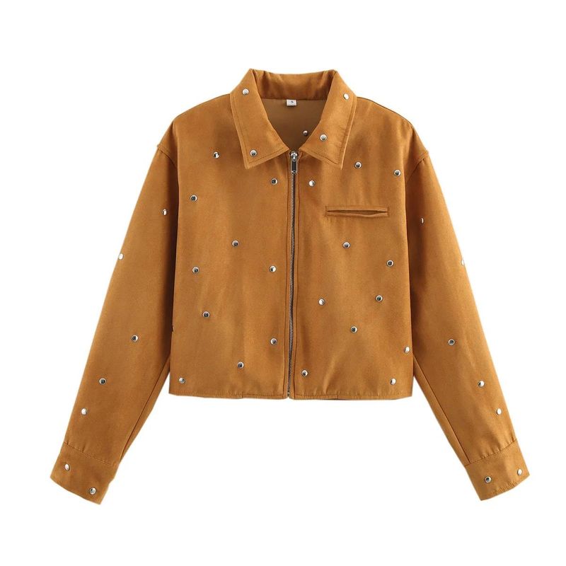 Spring New Women's Clothing Fashion Wind Casual All-Matching Turn-down Collar Long Sleeve Decorative Rivets Suede Jacket Outwear