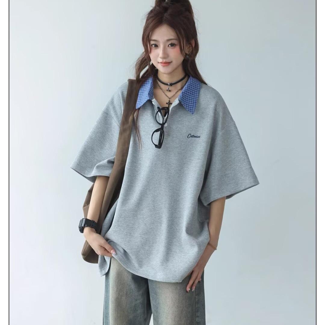 

Корейський топ-поло з коротким рукавом, що імітує дві речі, для дівчат, вишитий, темно-синій, атмосферний, для чистого носіння, футболка M