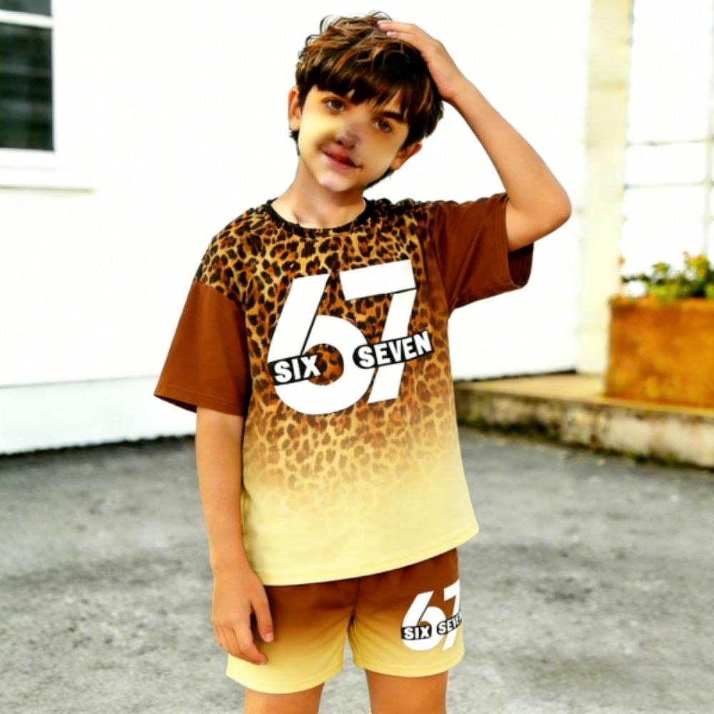 Fashion Leopard 67 Colorful Gradient Printed Kids T-shirt and Shorts 2 Piece Set Summer Casual Outfit for Boy's and Girl's Kids Clothing Top