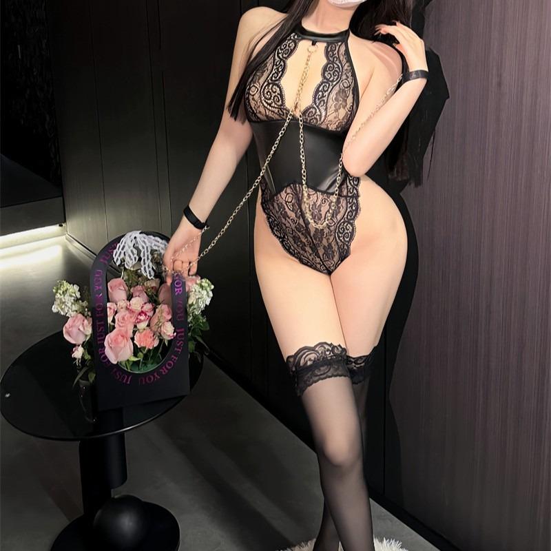 Pure Desire Style Spice Girls Sexy Underwear Lace Hollow Onesie Women's Metal Chain Sm Neck Leather Jacket Women