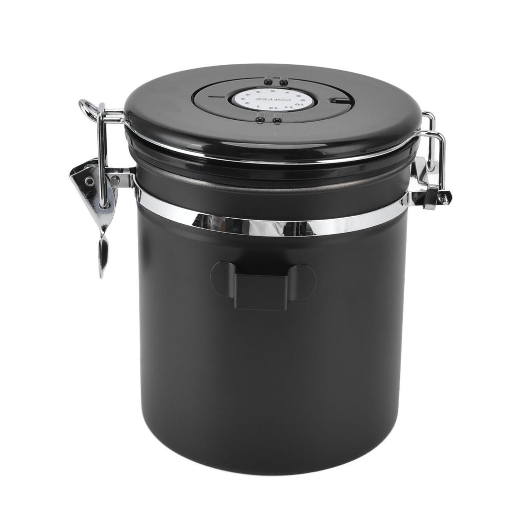 Airtight Coffee Canister Storage Jar Date Tracker CO2 Release Valve Stainless Steel Container Black