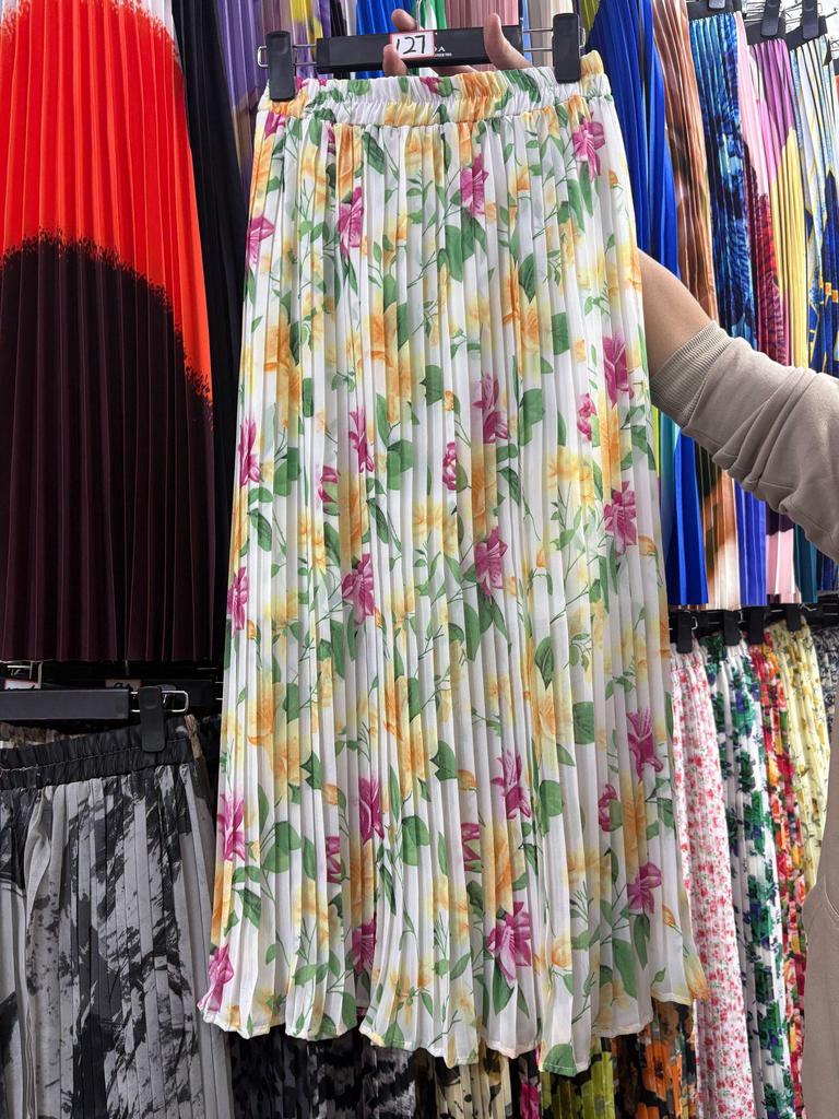 European & American Pleated Print Midi Skirt, Soft Chiffon Fabric, High Waist, Versatile Style