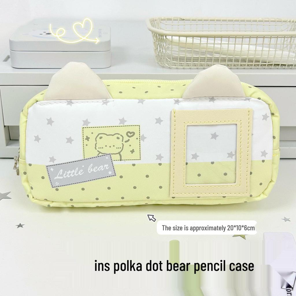 Pink Cartoon Bear Pencil Case with Window - Cute, High-Capacity Japanese Style for Students