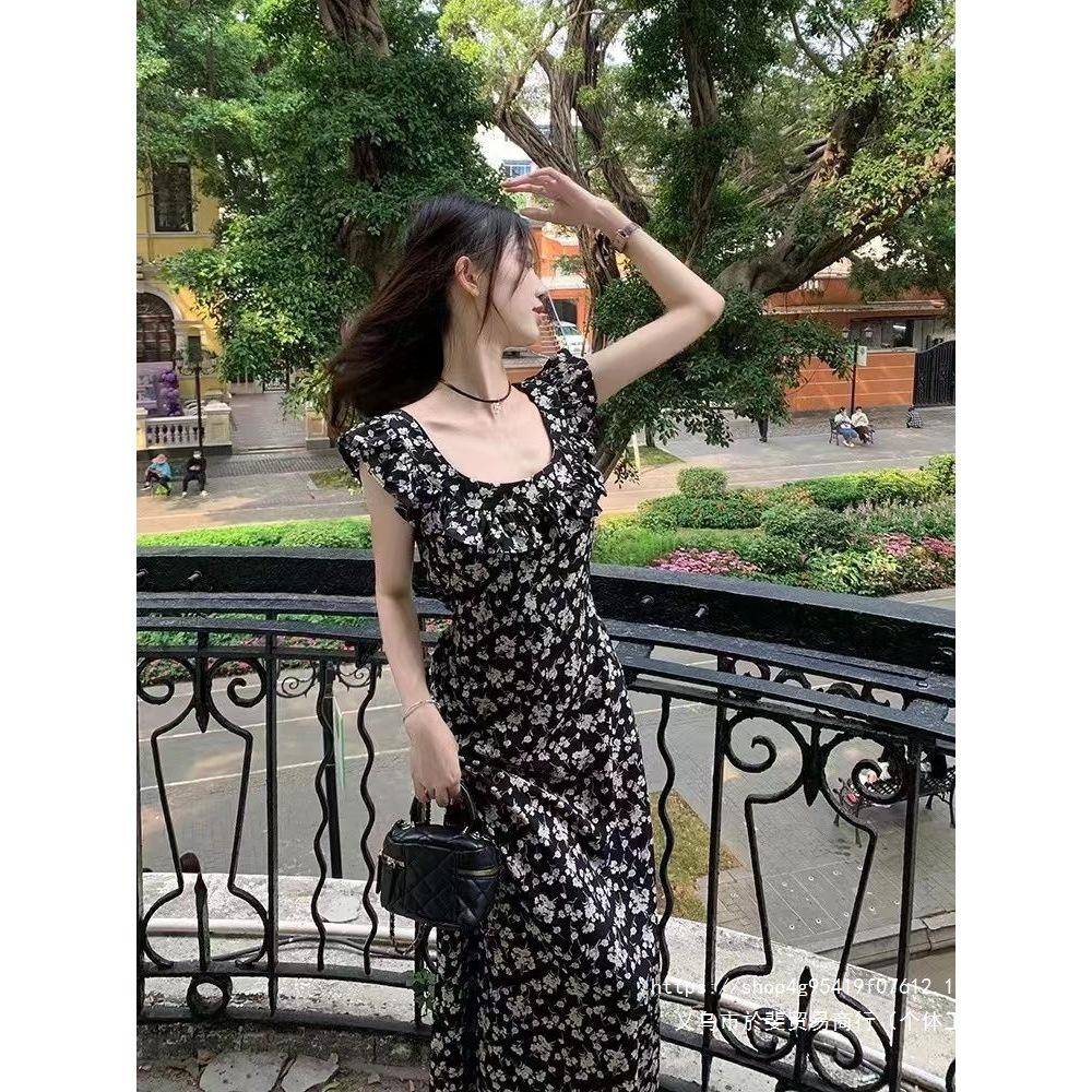 Black Floral Dress Women's Summer New Skirt Temperament Advanced Sense Word Waist Thin Medium and Long Dress