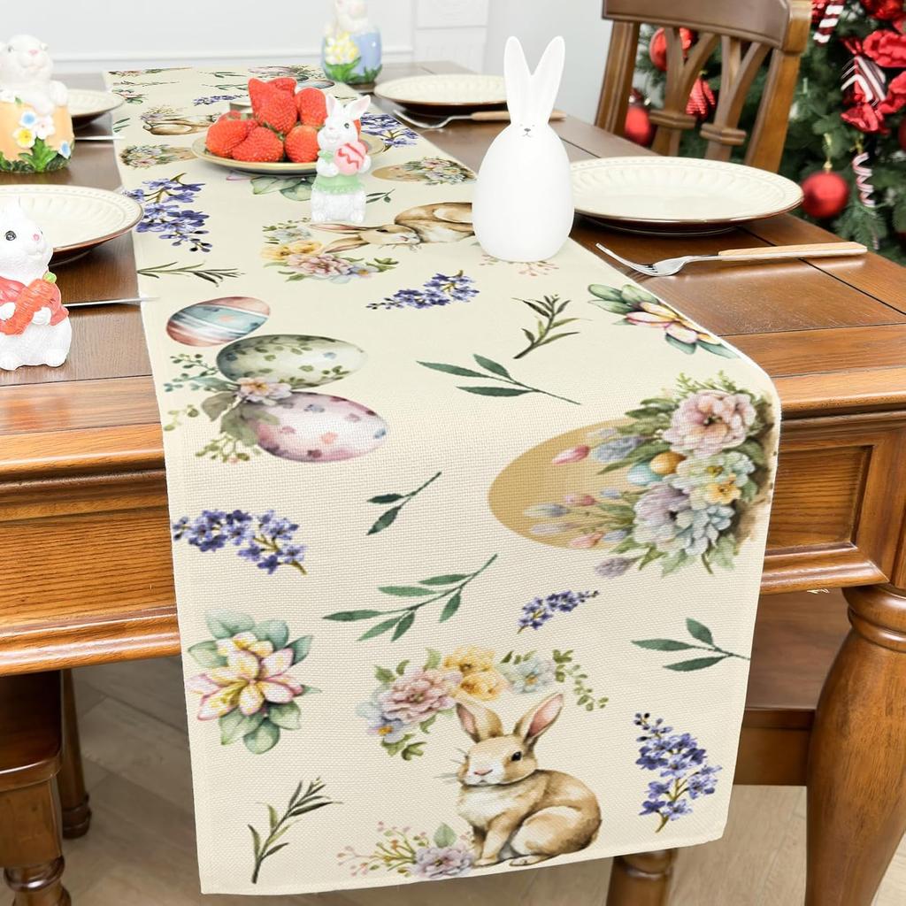 PATIO CHOICE Table Runner Easter Decorations Bunny Watercolor Easter Eggs Flower- Easter Table Runners Kitchen Dining Table Decoration for Home Party