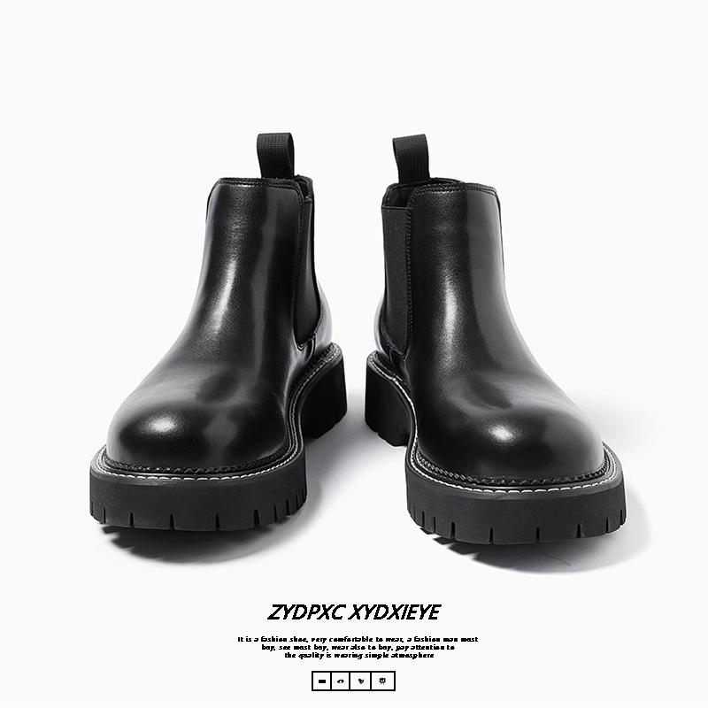 

2025 Ботинки Челси мужские кожаные туфли средней высоты на платформе ботинки Martin корейская версия модные британские ботинки-сигареты 68006-T 38 чёрный