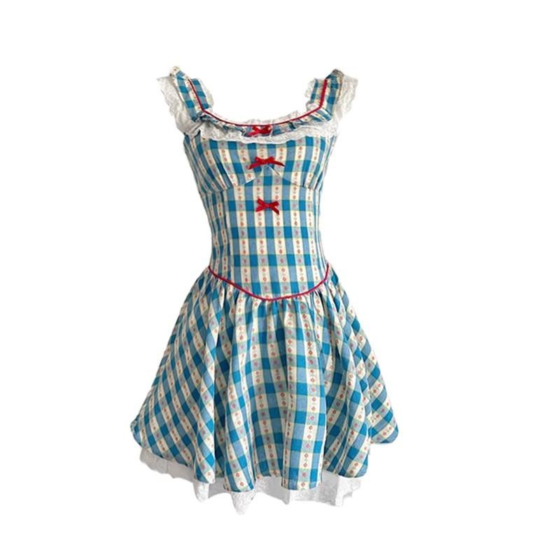 New Summer French Retro Blue Plaid Small Flying Sleeve Dress Feeling Small Flying Sleeve Tutu Dress Tide