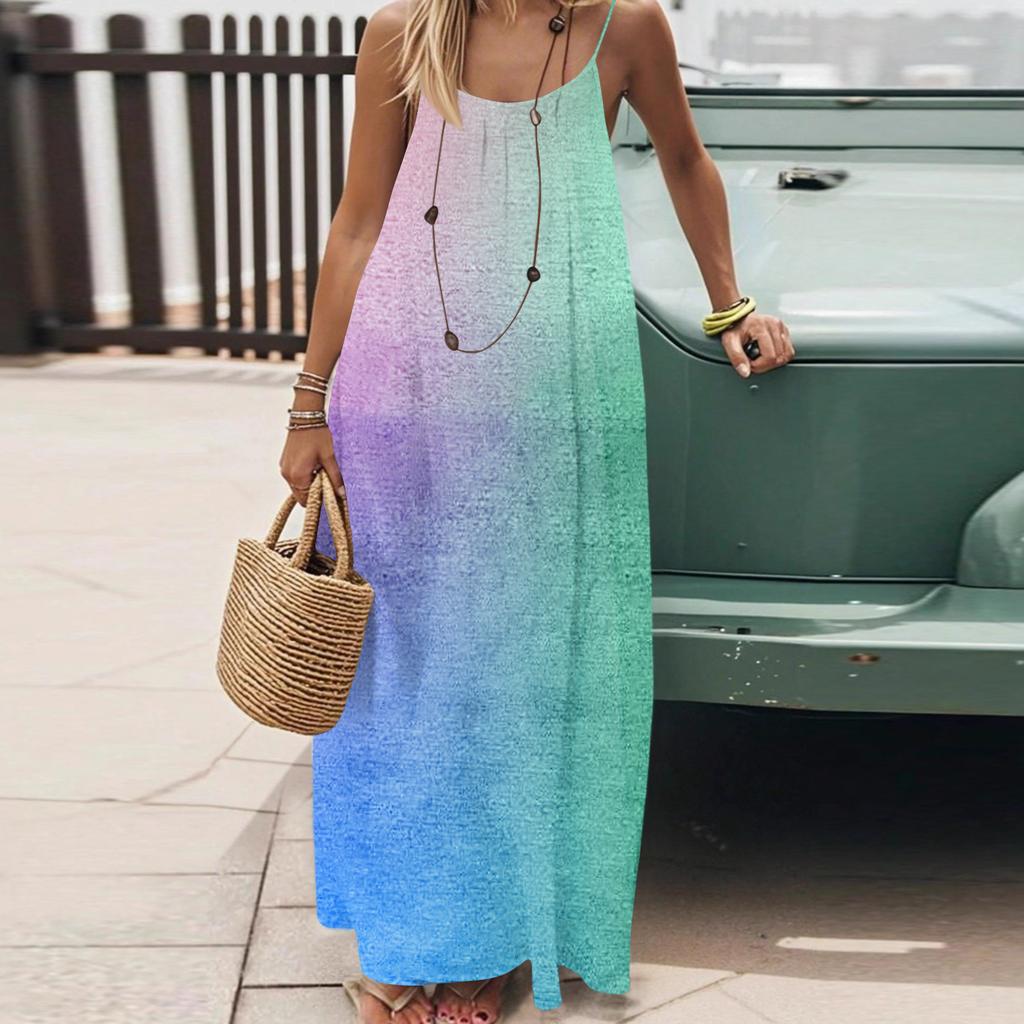 Dámské Módní Ležérní Volné Šaty s Květinovým Potiskem a Úzkými Ramínky Bez Zad