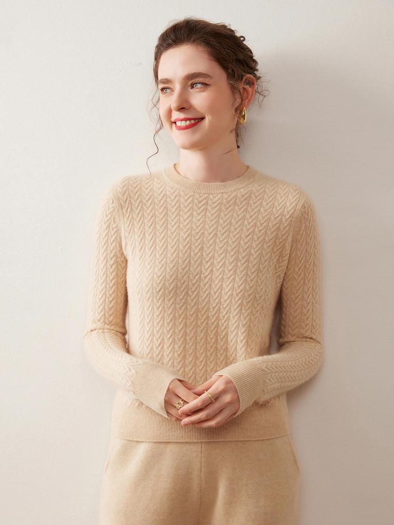 Women's Heavy-Duty Cable Knit Round Neck Cashmere Sweater - Autumn/Winter Warm, Loose Fit Pullover Knitwear