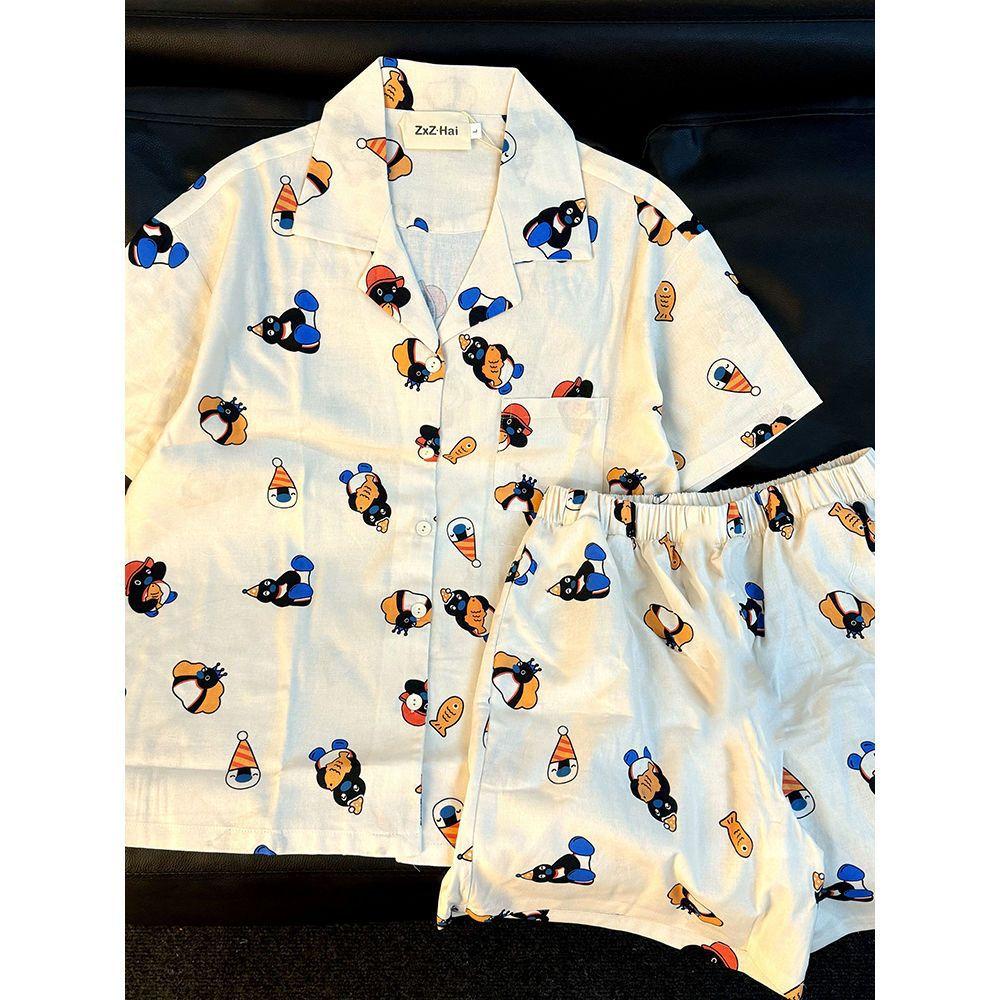 

Internet celebrity new full print little penguin pajamas women s summer cardigan short-sleeved shorts two-piece ins style loungewear S