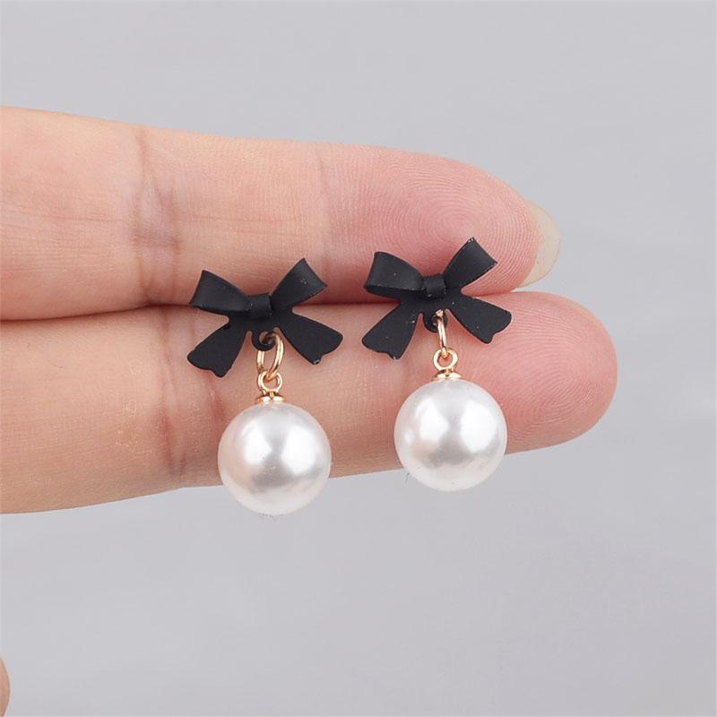Black Red Bowknot Elegant Hanging Earrings Imitation Pearl Ball Pendants Korean Fashion Sweet Small Earrings Brincos 2025 New