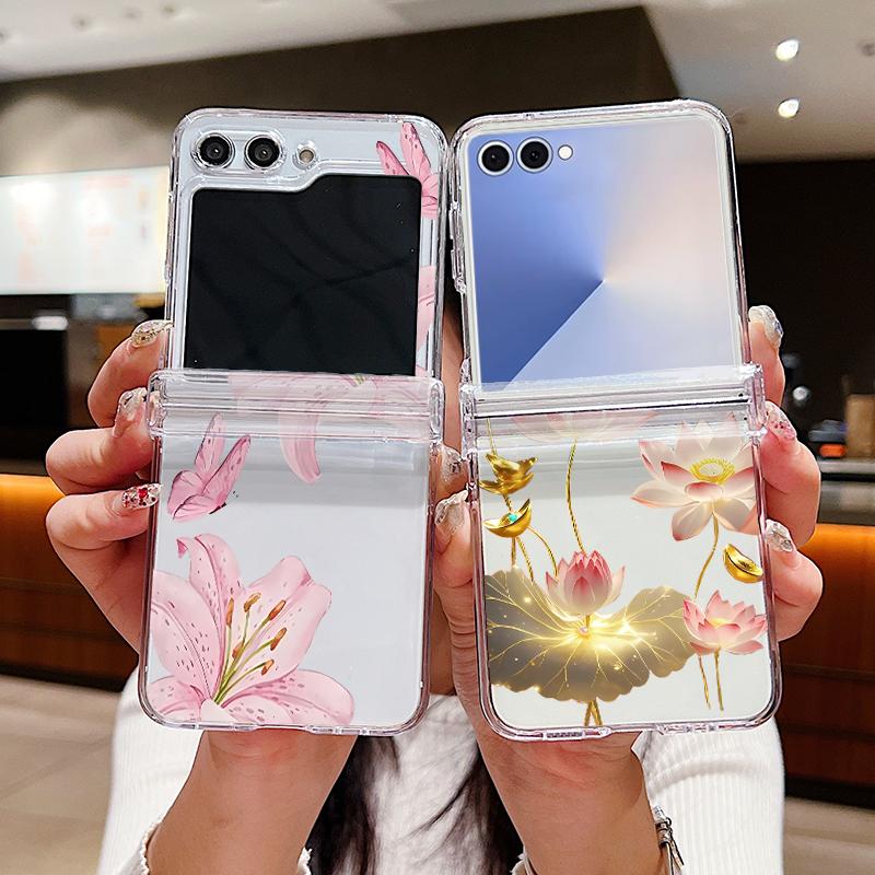 Lotus Flower Pattern Phone Case For Samsung Galaxy Z Flip 7 FE 6 5 4 3 5G Folding Hard PC Clear Cover For Samsung Z Flip7 Flip6