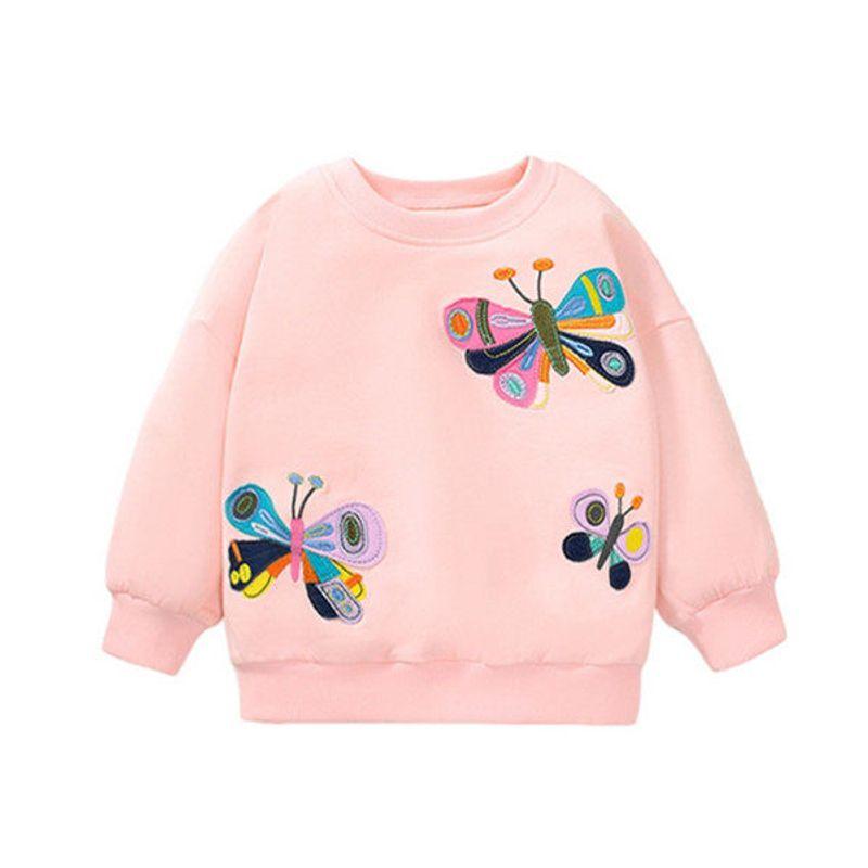 and American Style Girls Sweatshirt, Spring and Autumn, Pure Cotton, Pink Butterfly Top, Children s Long-Sleeve Pullover for Baby Girls, Trendy Pink Size 100 Recommended Height 90-100cm