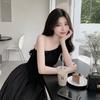  Summer niche design slanted shoulder flower small black dress slim and thin splicing big pendulum dating long dress