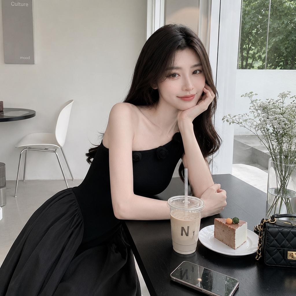 Summer niche design slanted shoulder flower small black dress slim and thin splicing big pendulum dating long dress
