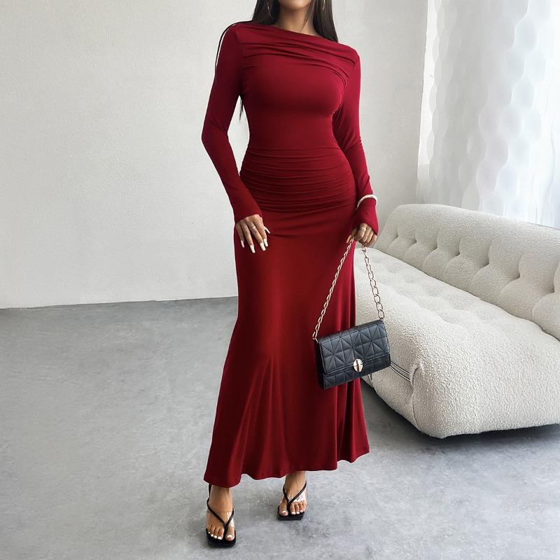 Women's Autumn and Winter Temperament Pure Colour Package Hip One Lapel Dresses
