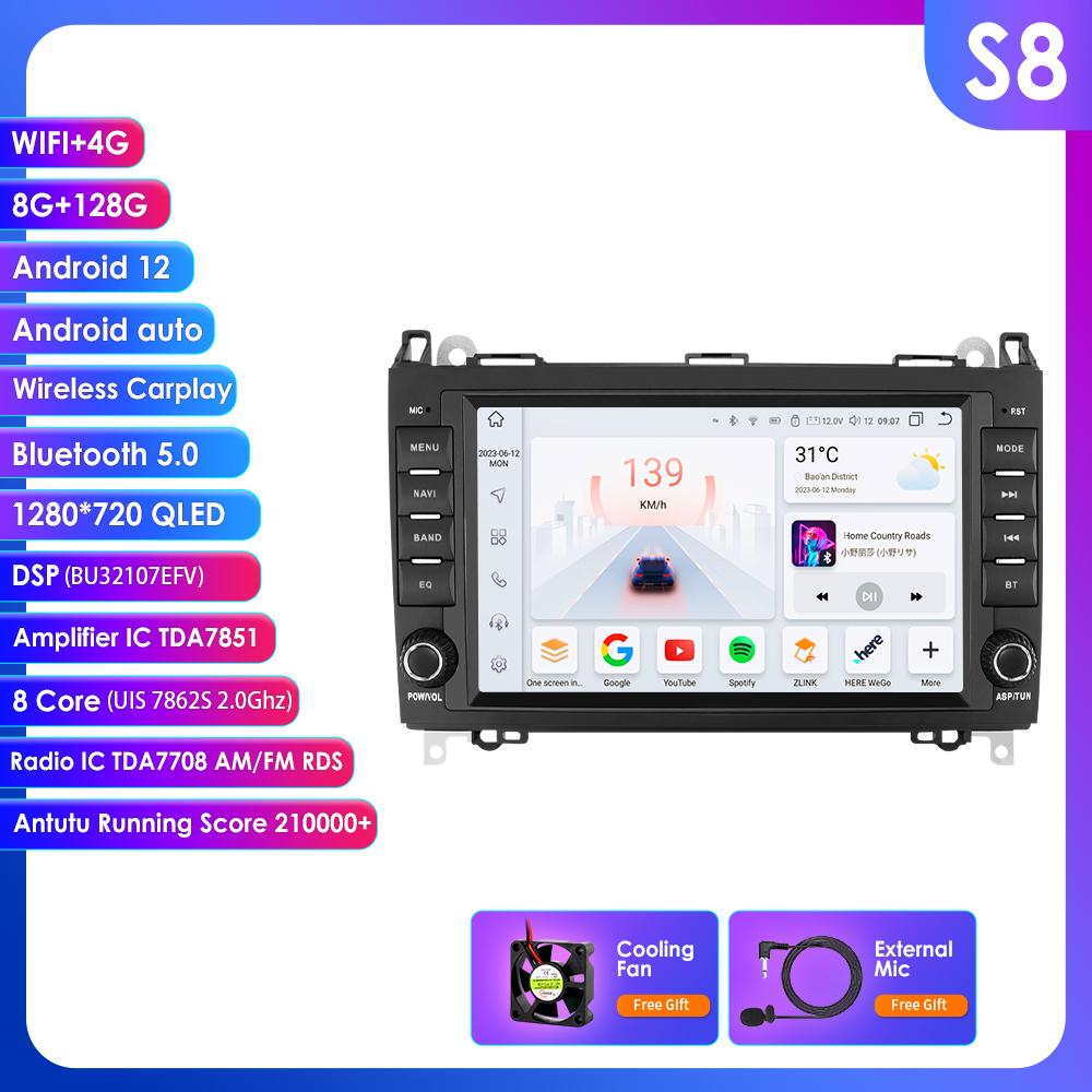 OSSURET 8" Bilradio for Mercedes Benz W169 W245 B200 W906 Sprinter W639 Vito Trådløs CarPlay Android Auto 4G DSP RDS 2din DVD Intelligent Skjerm
