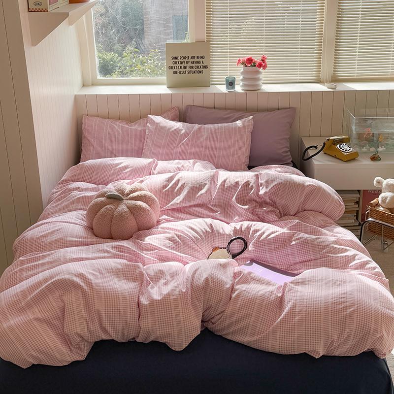 Korean Pink Grid Bedding Sets For Girls  New Flat Sheet Duvet Cover Set Pillowcase Bed Linen Queen Full Size Quilt Cover