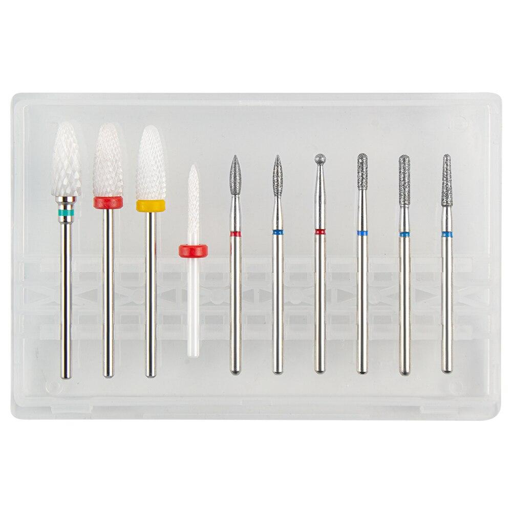 Sada 10ks fréz na manikúru Keramické vrtáky na nehty Čistič kartáč Diamantový mlýnek Příslušenství pro odstranění gelového laku