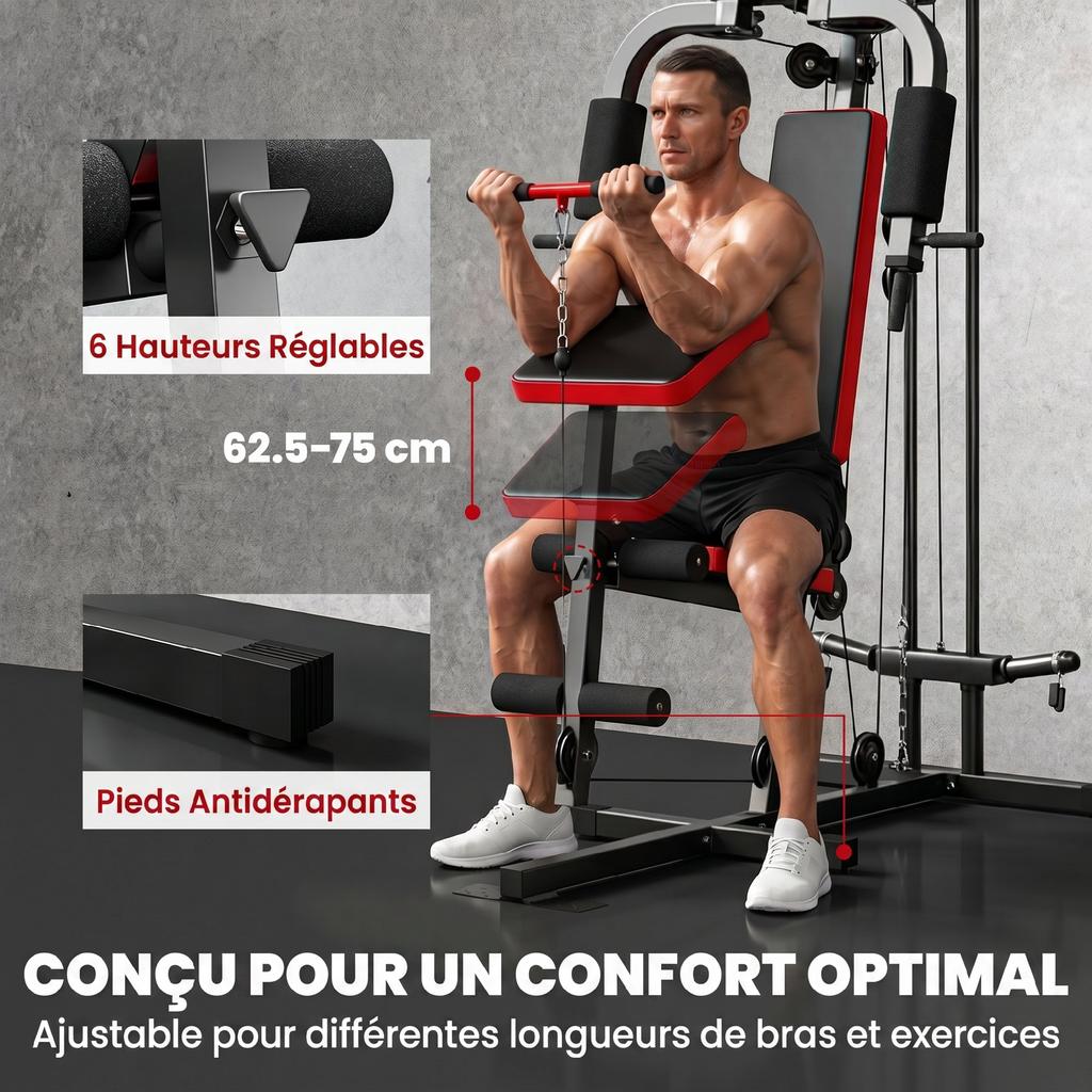 Weight Training Station, Free Weights, Removable Bench, 136 x 107 x 205 cm, Black Red